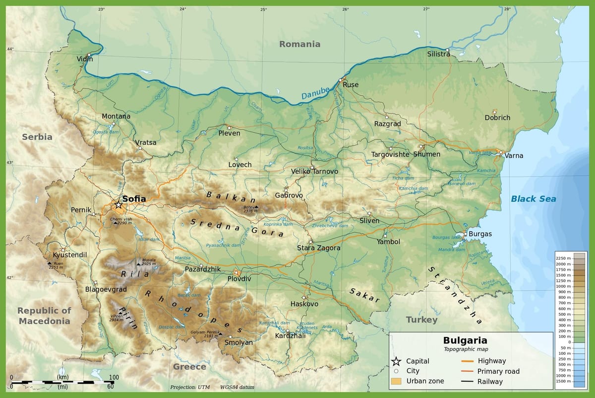 Bulgaria hartă topografică